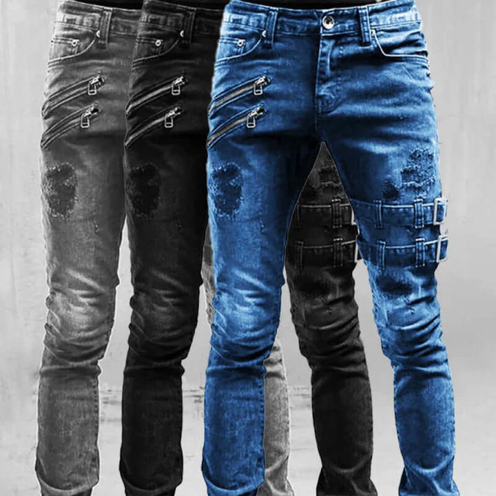 Men's straight leg vintage jeans with decorative buckles, ideal for a bold punk or cool street fashion statement.
