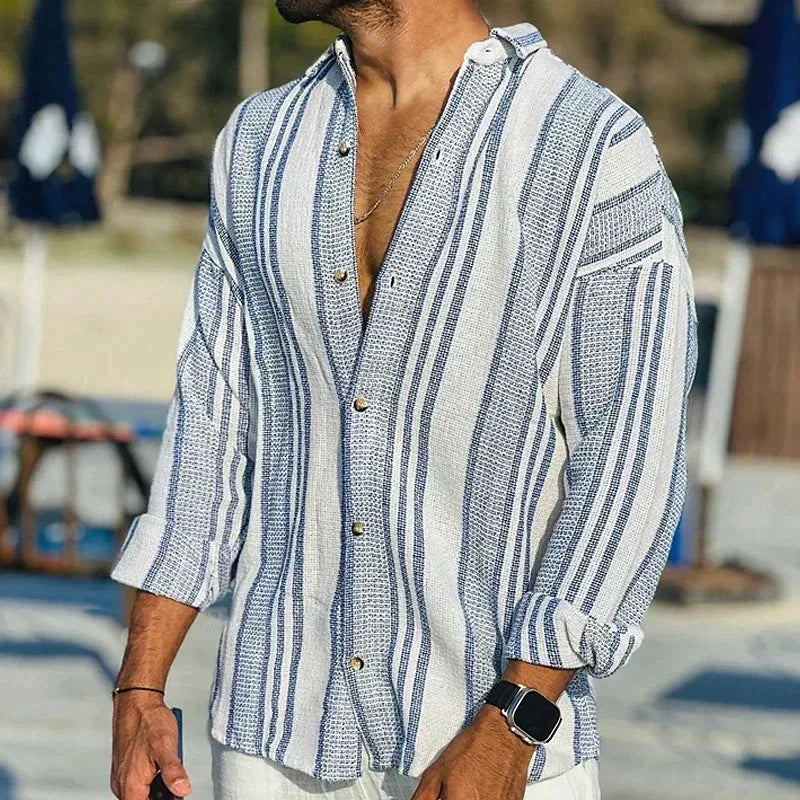 Men's vintage striped short-sleeve shirt, lightweight & elegant, perfect for summer casual or smart-casual wear.