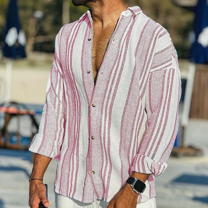 Lightweight men's summer casual shirt with vintage stripes, a breathable button-down top for everyday or holiday wear.
