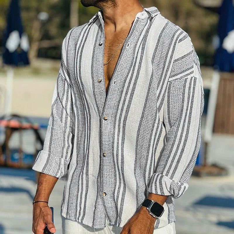 Elegant men's striped short-sleeve blouse, a vintage-style lightweight top for a smart casual summer look.