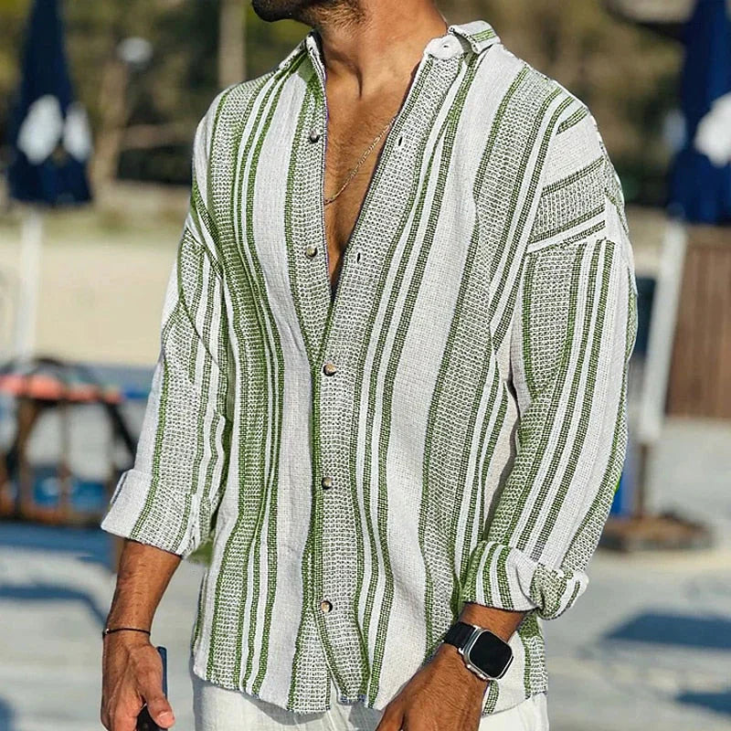 Casual men's vintage striped shirt, a comfortable lightweight summer top, versatile for elegant everyday fashion.