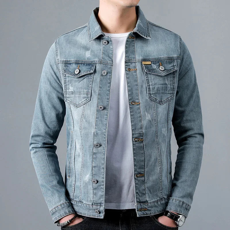 Men's vintage stylish denim jacket for all-season wear, perfect casual outerwear with a classic distressed look.