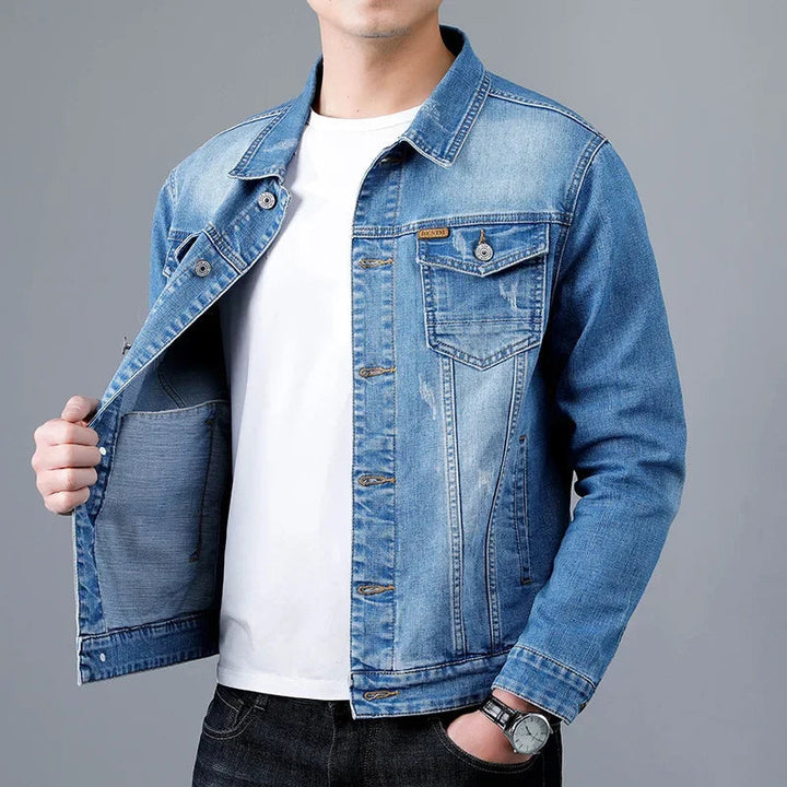 Stylish men's denim jacket, vintage washed, ideal casual outerwear for spring, fall, and year-round fashion.