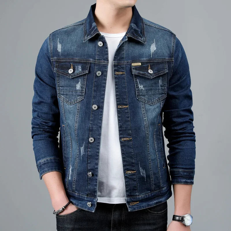 Classic men's distressed denim jacket, vintage style outerwear, a fashionable light coat for all seasons.