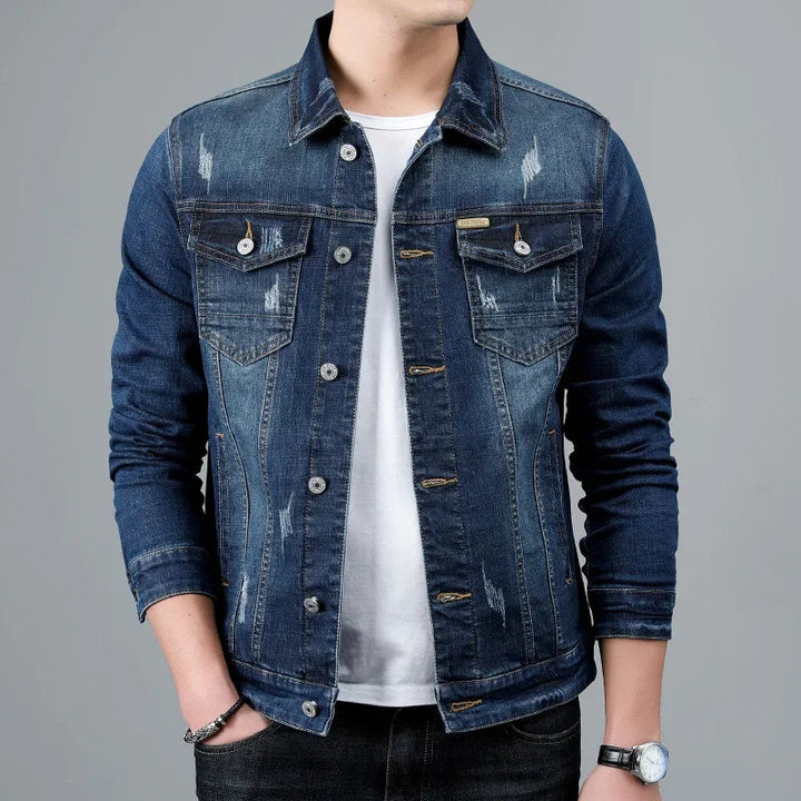Classic men's distressed denim jacket, vintage style outerwear, a fashionable light coat for all seasons.