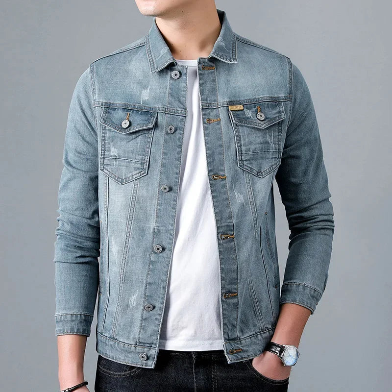 Modern men's vintage denim jacket, classic style with distressed details, perfect casual and stylish coat.