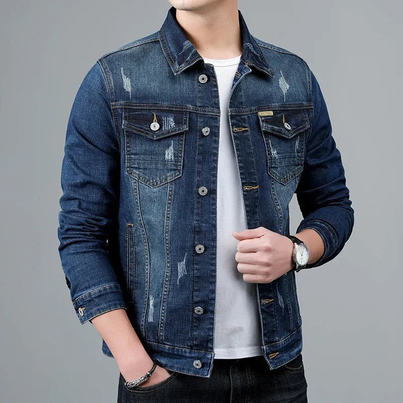 Comfortable men's vintage denim jacket, stylish distressed wash, ideal light outerwear for spring and fall.