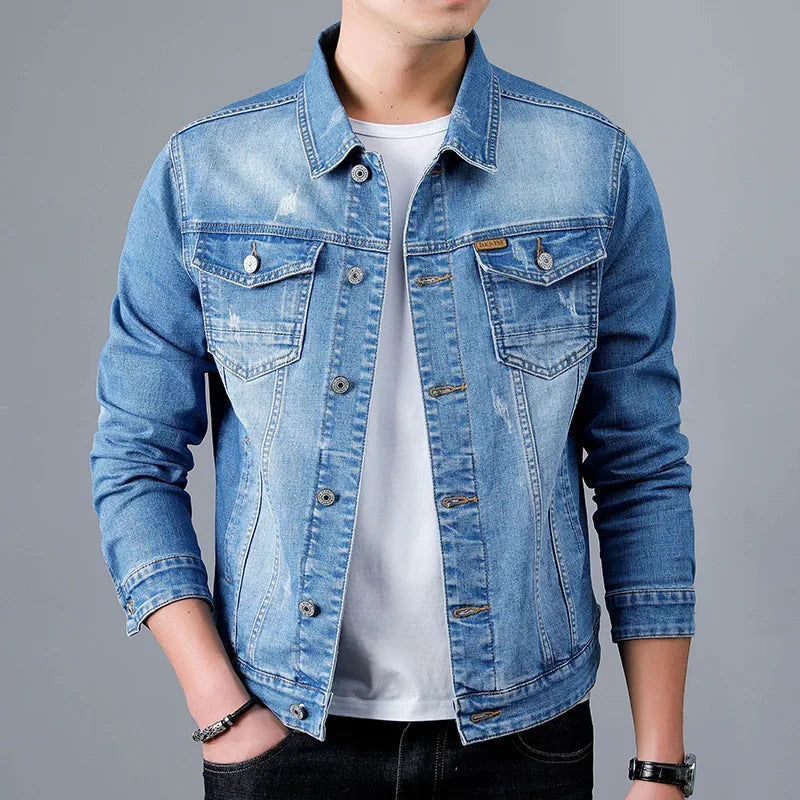 Timeless men's denim jacket, vintage stylish and distressed, a classic piece of all-season casual outerwear.