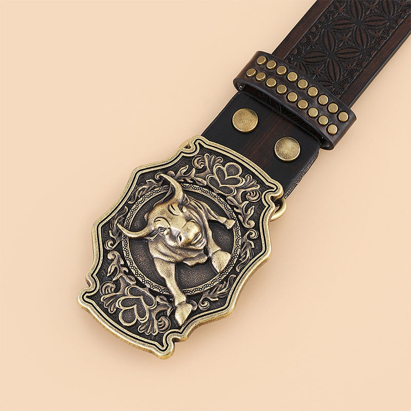 Men's vintage western cowboy belt with intricate engraved buckle. Durable PU leather, adjustable fit.