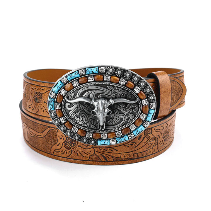 Fashionable men's vintage western belt, crafted from PU leather with a unique engraved cowboy buckle. Adjustable.