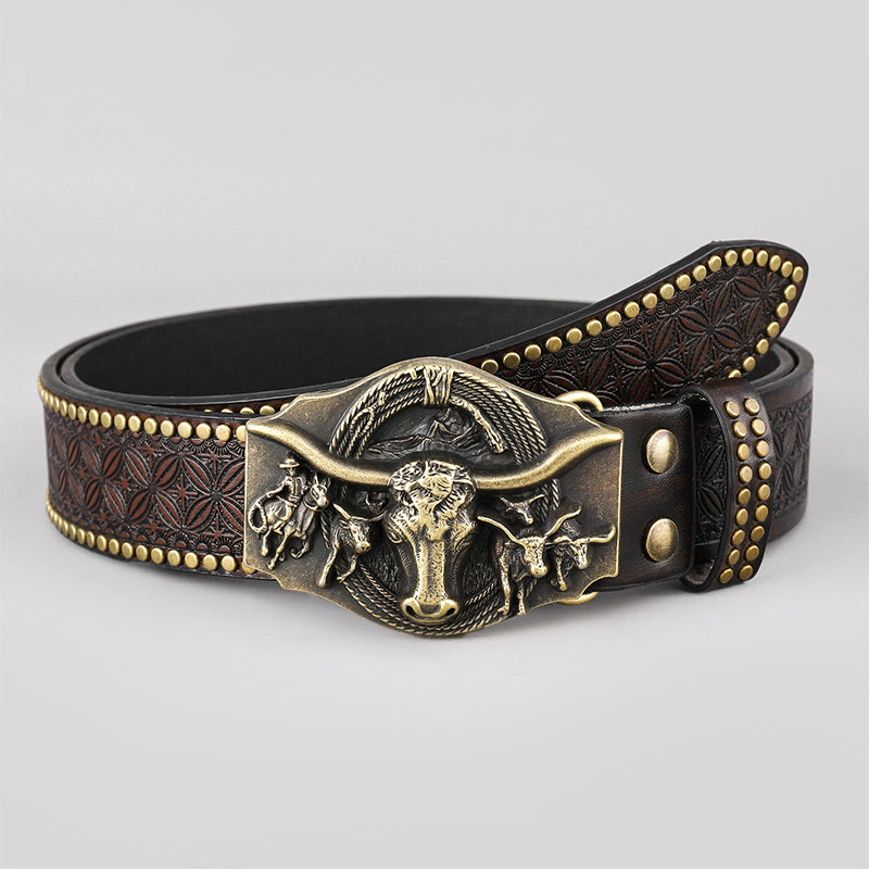 Durable PU leather men's western belt, perfect for cowboys. Features an intricately engraved adjustable buckle.