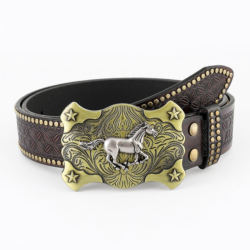 Classic men's vintage cowboy belt, brown PU leather with a detailed engraved western buckle. Men's accessory.