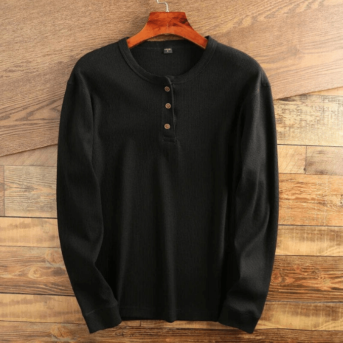 Comfortable men's long sleeve waffle knit henley shirt. A casual everyday top for versatile men's apparel.