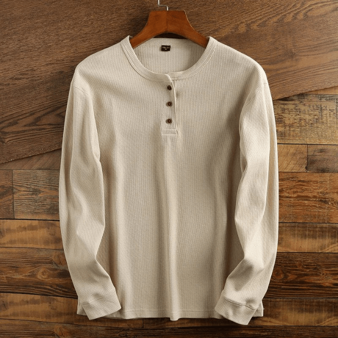 Men's long sleeve waffle knit henley top with button placket. Stylish casual shirt for men's fashion.