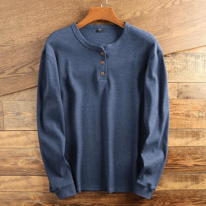 Casual men's waffle knit henley shirt, long sleeve for everyday wear. Comfortable and stylish men's top.