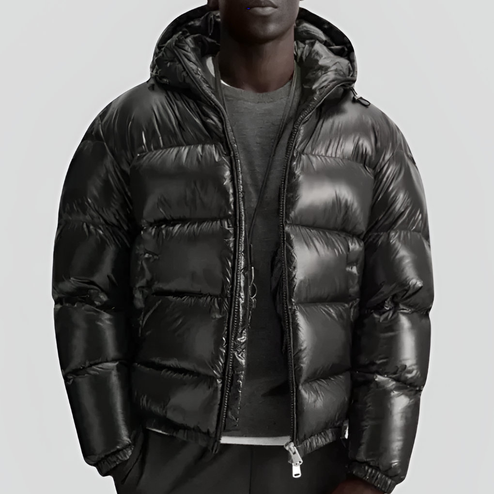 Men's warm black quilted winter jacket, perfect for urban style & cold weather. Casual stylish outerwear.