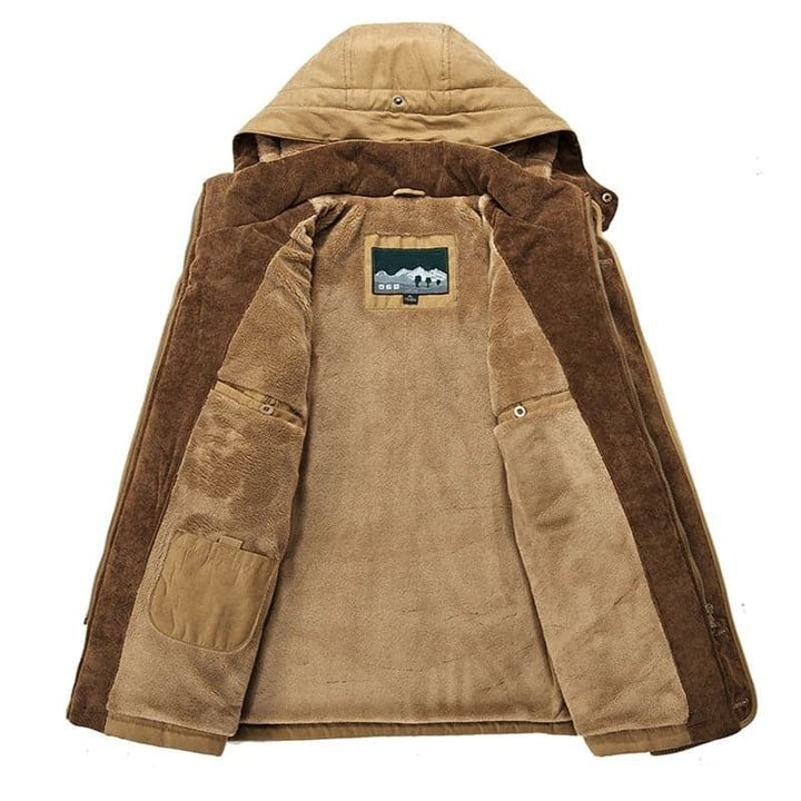 Men's warm blue hooded winter coat with zip pockets for casual cold weather style.