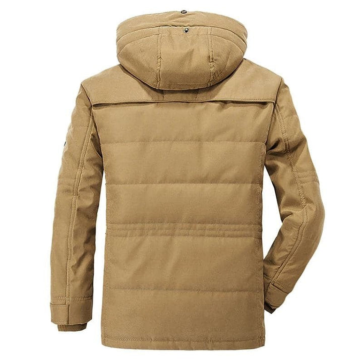 Stylish khaki men's winter outerwear jacket, hooded with secure zip pockets.