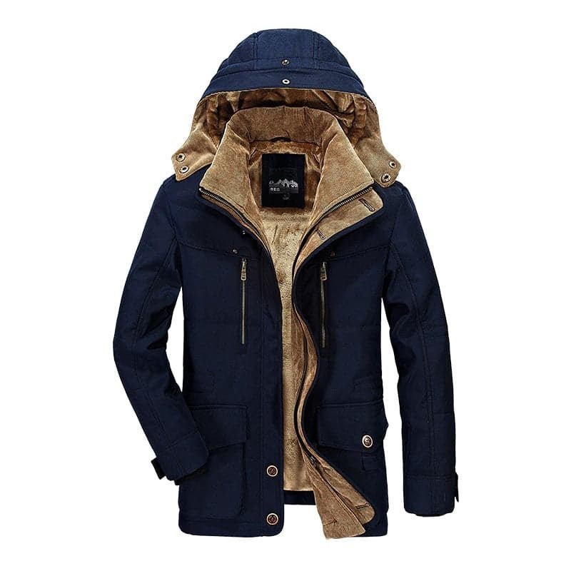 Utility brown hooded winter coat for men, warm and practical for cold weather.