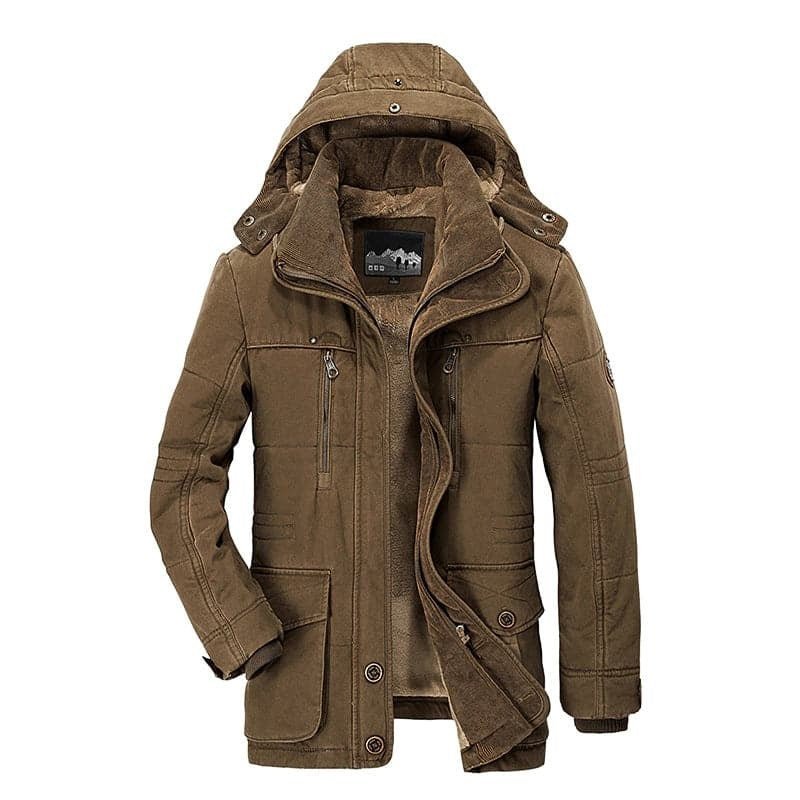 Men's warm hooded winter coat in blue, featuring convenient zip pockets.