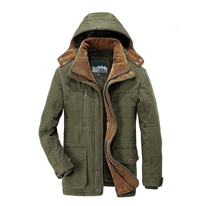 Casual men's cold weather outerwear, a stylish khaki hooded zip-up winter coat.