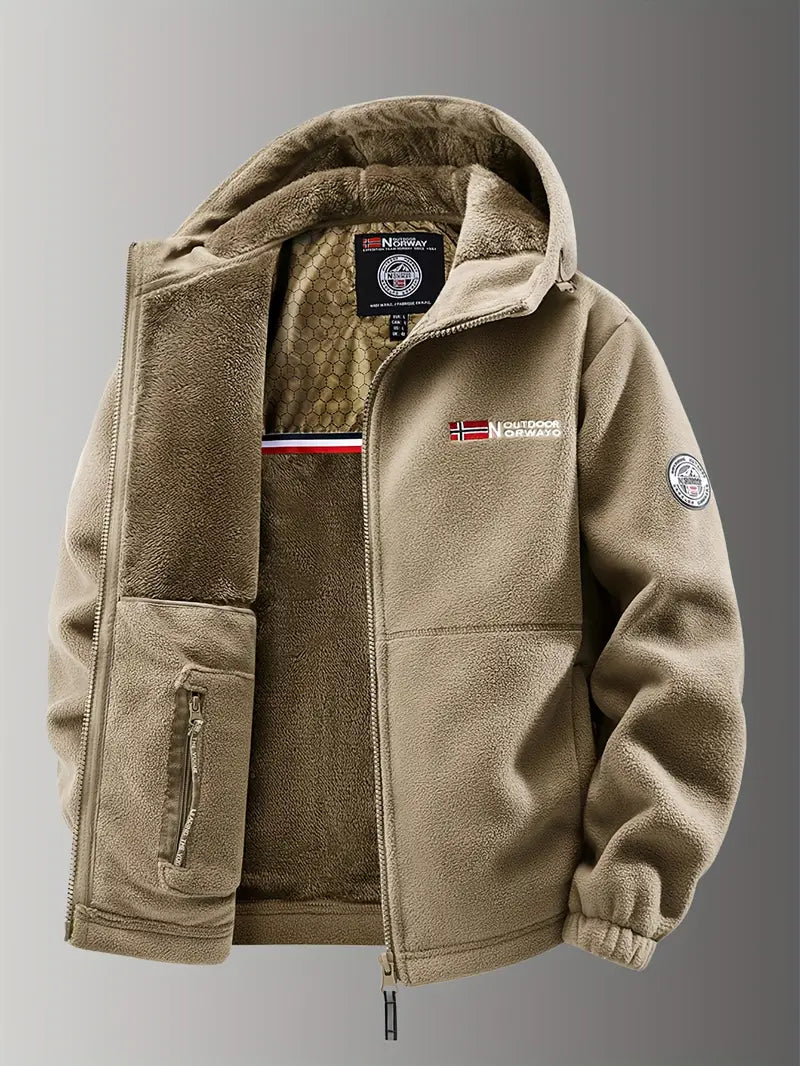 Insulated men's outdoor jacket, water-resistant for extreme cold, with rugged appeal.