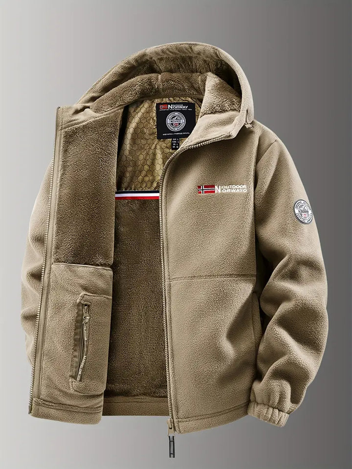 Insulated men's outdoor jacket, water-resistant for extreme cold, with rugged appeal.