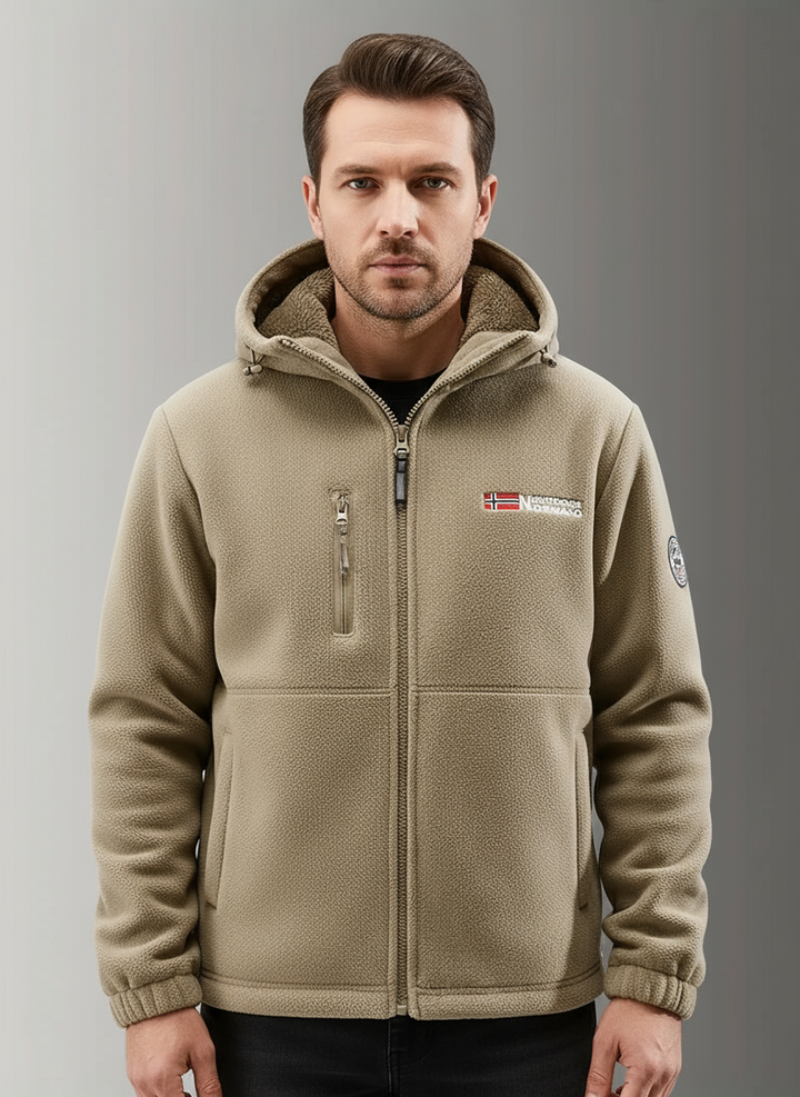 Close-up of men's durable winter jacket fabric, showcasing water-resistant material and quality.