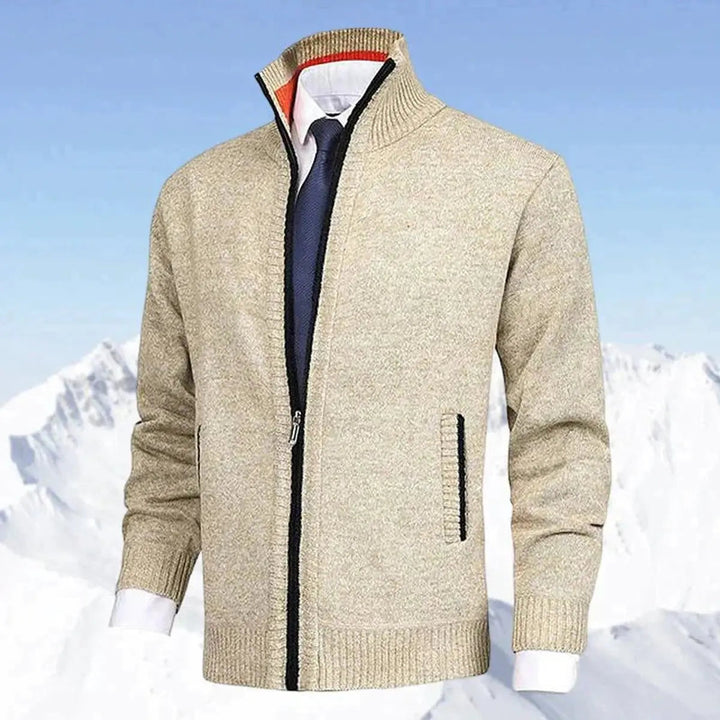 Men's warm fleece-lined zip-up cardigan with stand collar. Smart casual jumper, perfect for fall/winter.