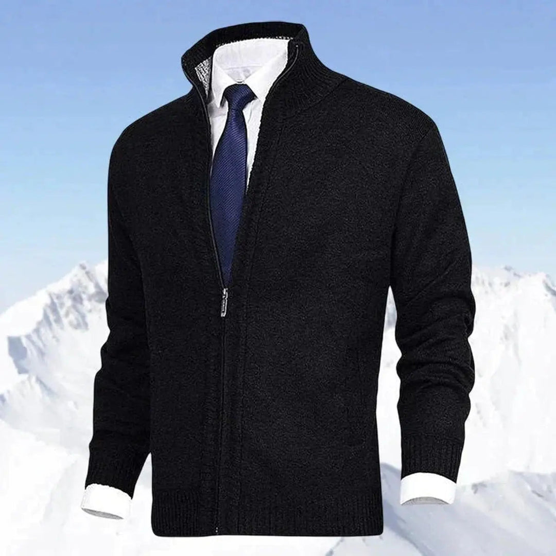 Cozy men's fleece-lined zip-up cardigan jumper. Warm stand collar for fall & winter comfort.