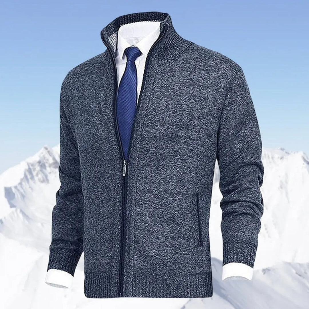 Fleece-lined men's zip-up cardigan, a warm stand collar jumper for fall & winter smart casual fashion.