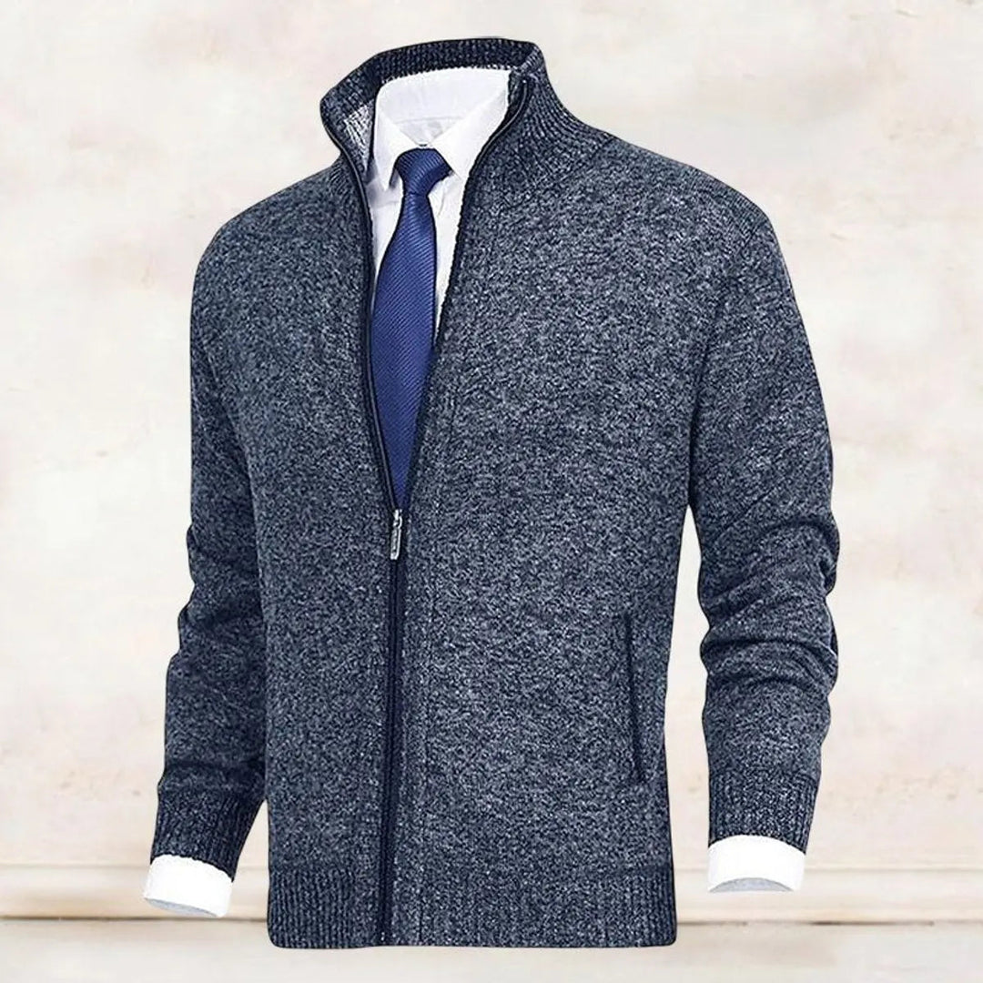 Men's outerwear: warm fleece-lined zip-up cardigan with stand collar. Perfect for fall layers & style.