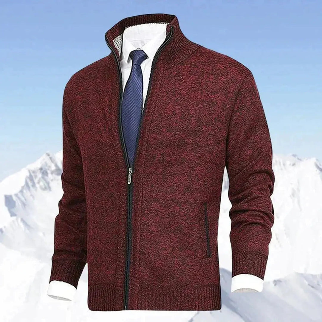 Men's warm winter layer: fleece-lined zip-up cardigan with stand collar, a stylish smart casual jumper.