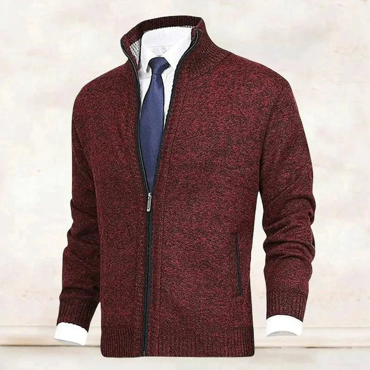 Premium men's warm fleece-lined zip-up cardigan jumper. Stand collar, smart casual, fall/winter wear.