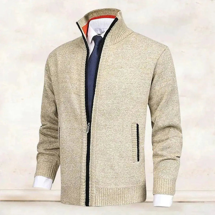 Stylish men's zip-up cardigan with stand collar. Warm fleece-lined jumper, ideal versatile outerwear.