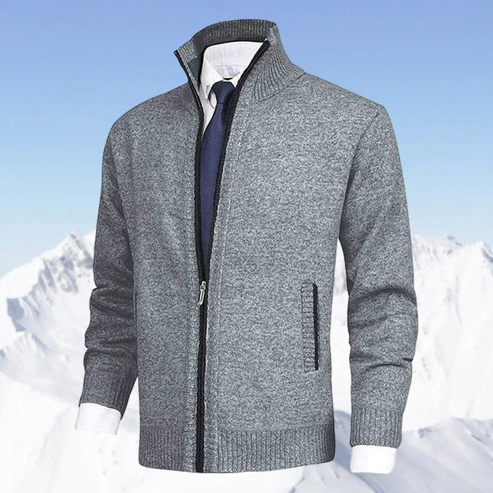 Fall/winter men's warm fleece-lined zip-up cardigan jumper. Stand collar for cozy and smart casual wear.