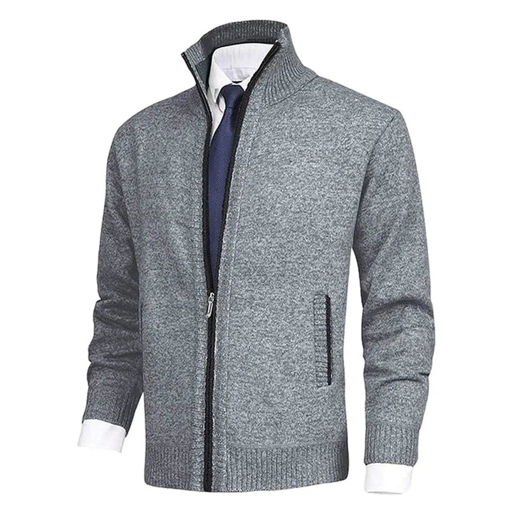 Versatile men's fleece-lined zip-up cardigan. Warm stand collar jumper, great for smart casual fashion.