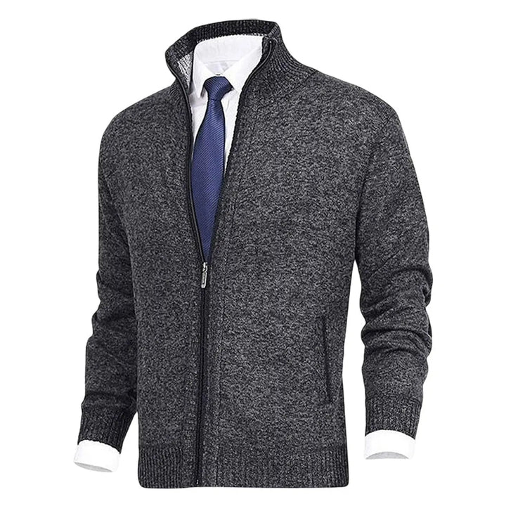 Stylish men's zip-up cardigan. Warm fleece-lined stand collar jumper, great for winter layering.