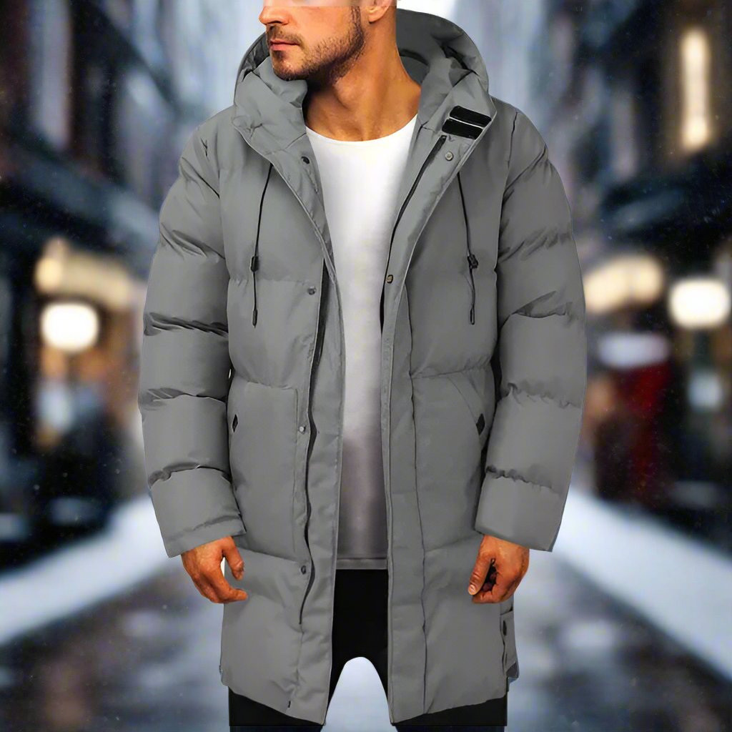 Men's warm hooded puffer coat for winter. Insulated, weather protection, stylish cold weather outerwear.