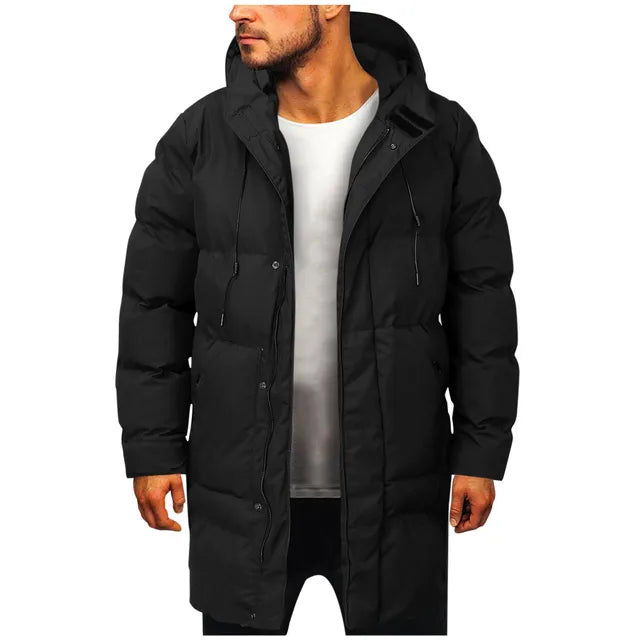 Casual men's hooded puffer jacket with button-down front. Warm, insulated, perfect for cold weather fashion.