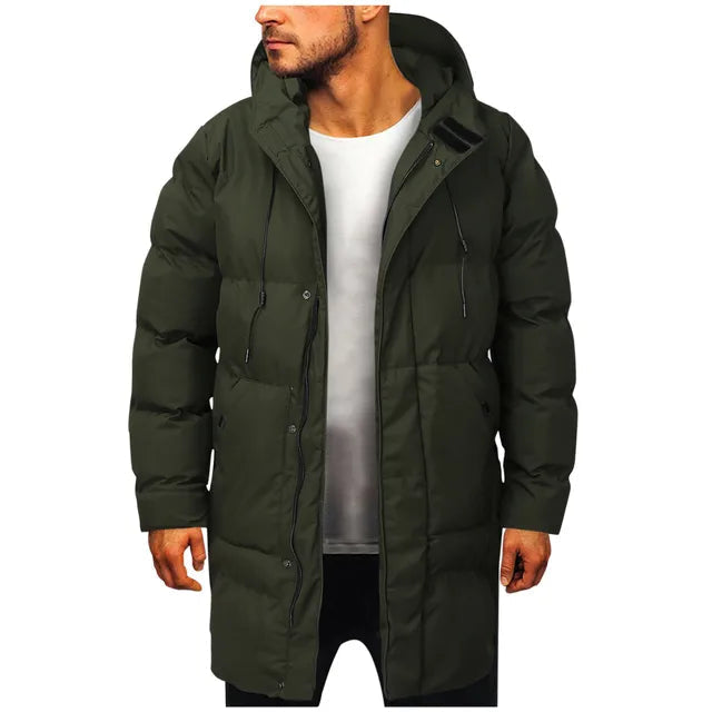 Durable men's puffer coat provides ultimate weather protection. Warm, insulated hooded jacket for severe cold.