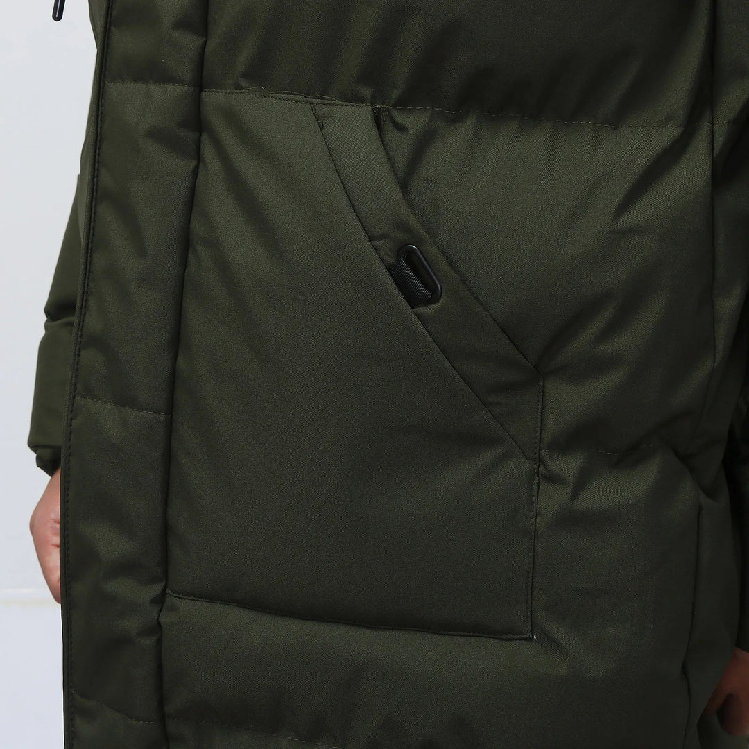 Men's warm hooded puffer coat, insulated for cold weather. Stylish outerwear with button-down for winter protection.