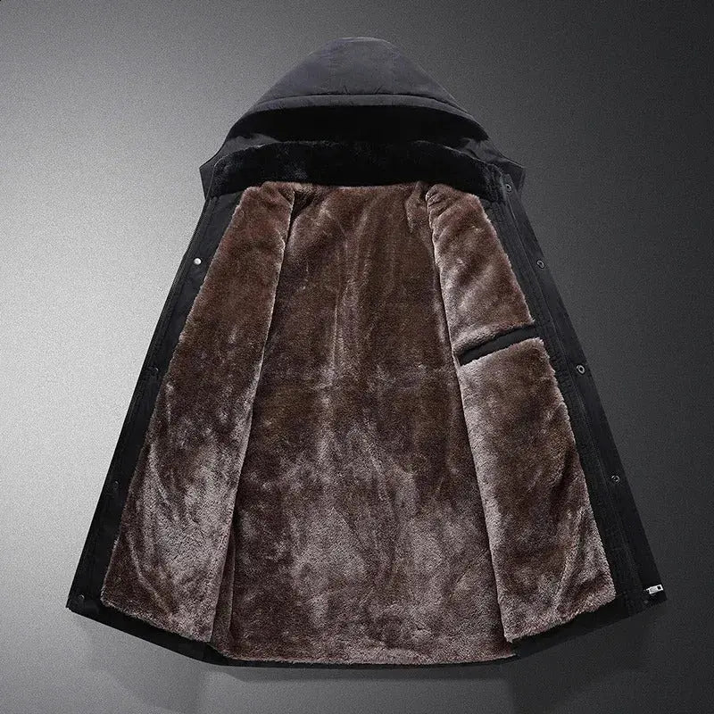 Close-up of a men's thermal padded jacket, showing durable zipper and warm hood for ultimate winter protection.