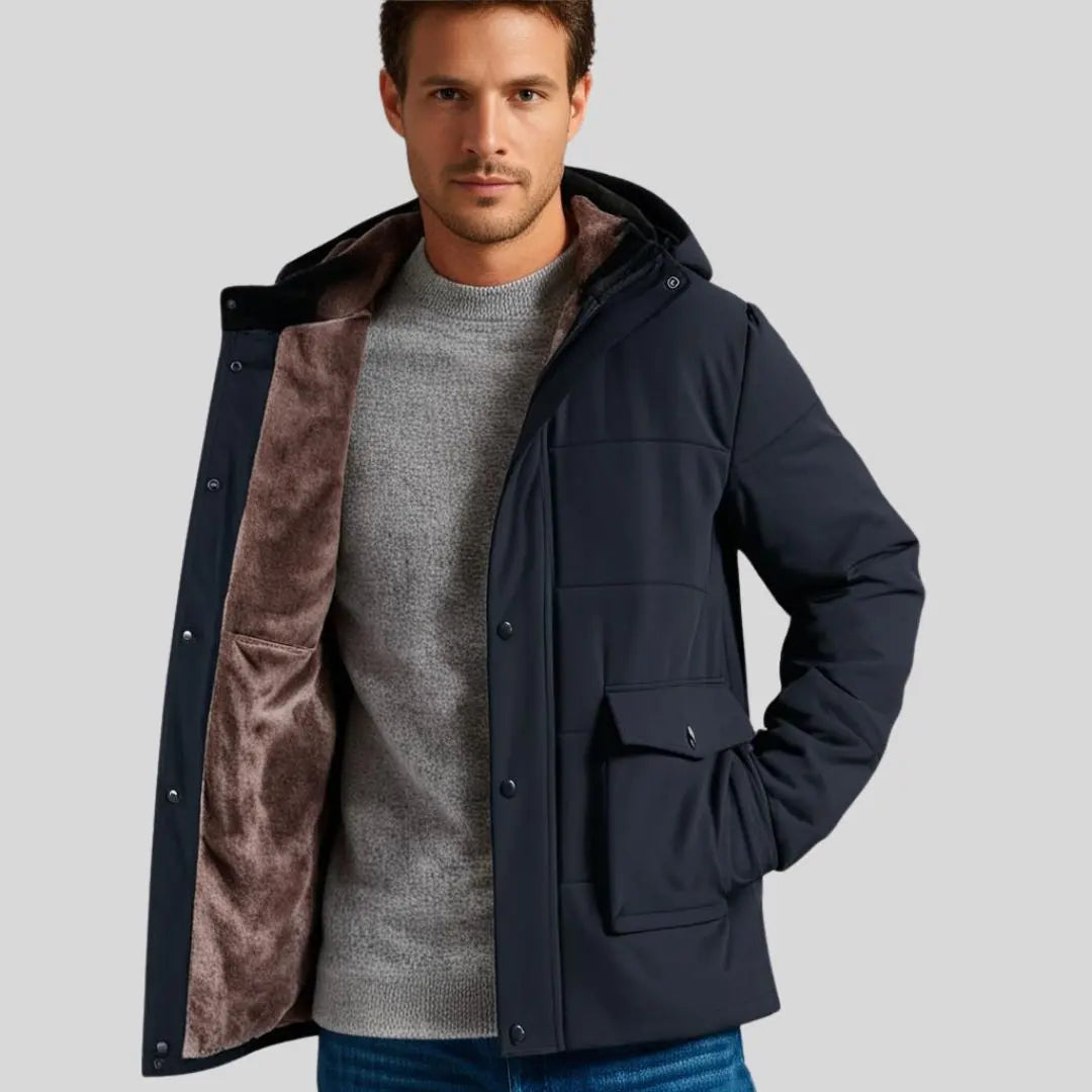 Back view of a men's heavy-duty snow jacket with an adjustable hood, providing insulated warmth for winter adventures.