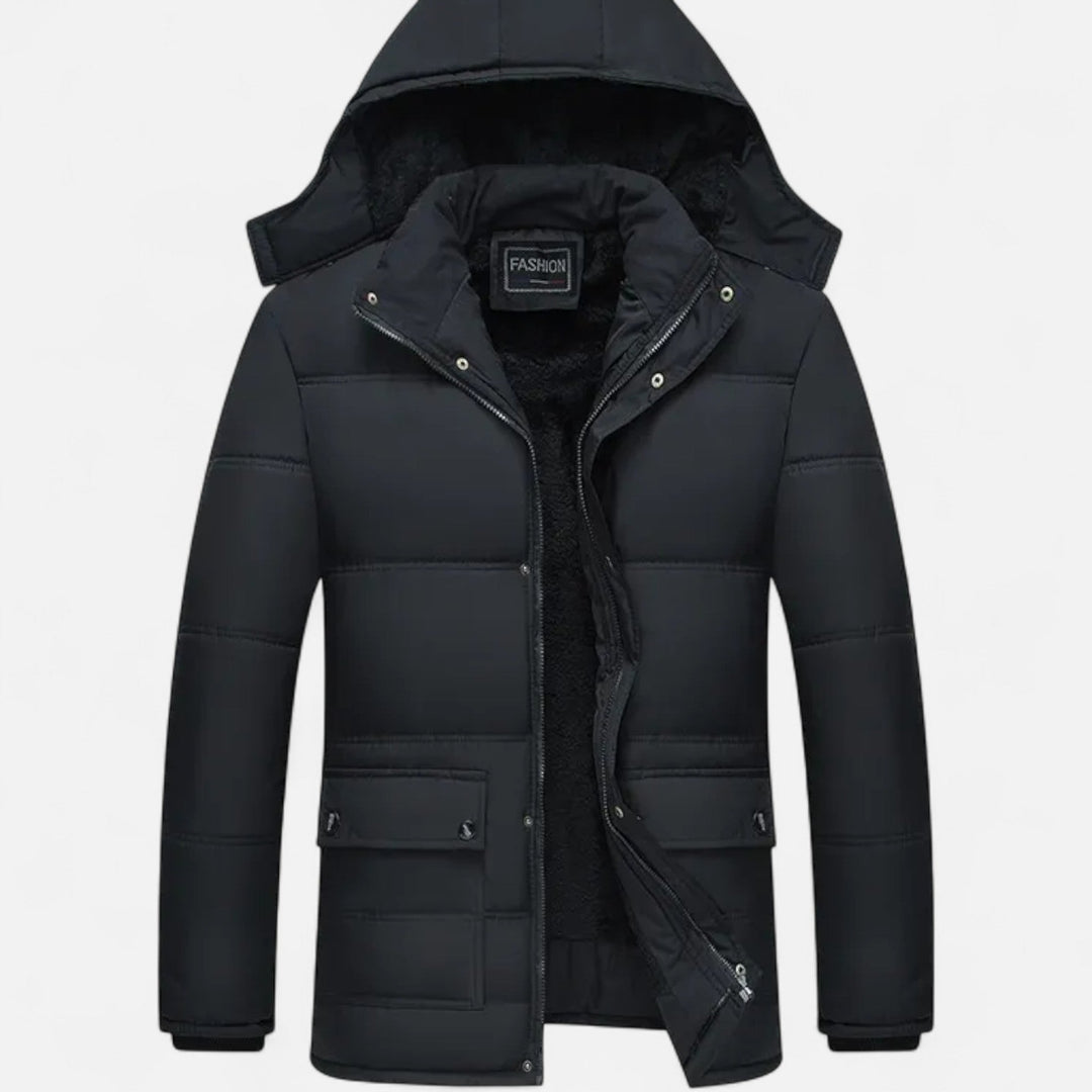 Men's warm hooded winter jacket with plush lining, perfect for cold weather outerwear.