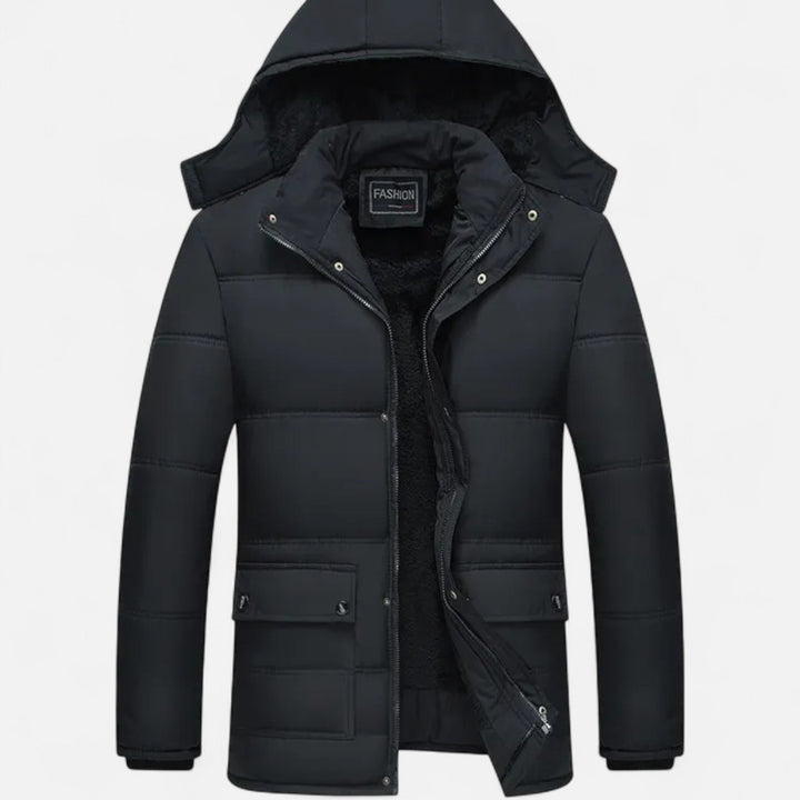 Men's warm hooded winter jacket with plush lining, perfect for cold weather outerwear.
