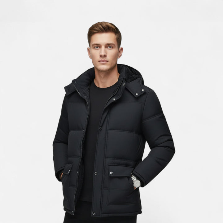 Insulated men's hooded winter coat for extreme cold weather. Stylish casual heavy outerwear.