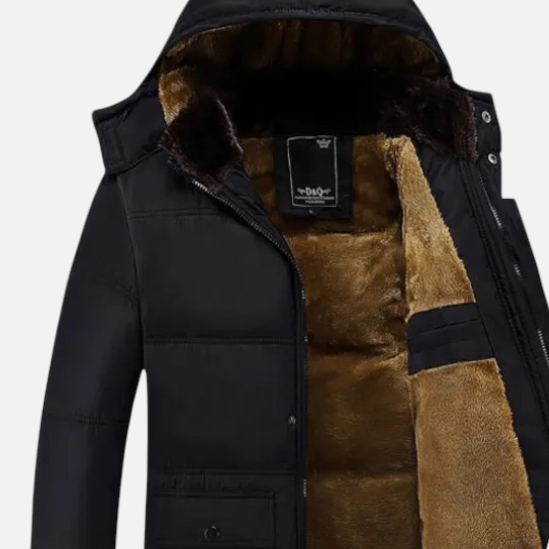 Classic men's warm hooded jacket, insulated for winter. Durable outerwear design for cold weather.