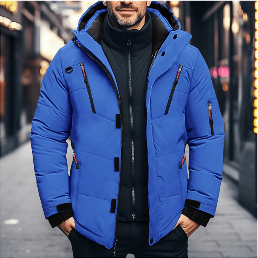 Men's warm insulated winter jacket in a stylish dark color, perfect for cold weather and outdoor activities.