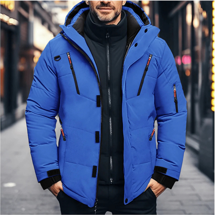 Men's warm insulated winter jacket in a stylish dark color, perfect for cold weather and outdoor activities.